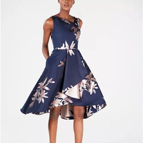 Adrianna Papell, Jacquard Halter Dress, Size 4(US), navy blush - Picture 1 of 14